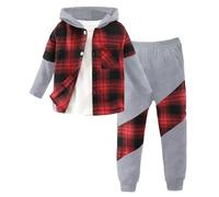 QJDFLL Toddler Boys Girls Long Sleeve Patchwork Plaid Prints T Shirt Hooded Tops Pants Outfits(Red,4-5 Years)