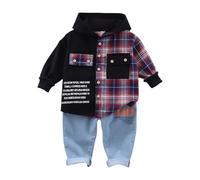 QJDFLL Toddler Boys Girls Long Sleeve Patchwork Plaid Prints T Shirt Hooded Tops Pants Outfits(Red,6-12 Months)