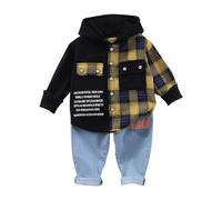 QJDFLL Toddler Boys Girls Long Sleeve Patchwork Plaid Prints T Shirt Hooded Tops Pants Outfits(Yellow,3-4 Years)
