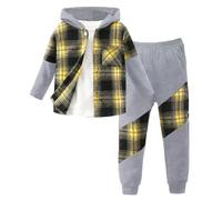 QJDFLL Toddler Boys Girls Long Sleeve Patchwork Plaid Prints T Shirt Hooded Tops Pants Outfits(Yellow,4-5 Years)