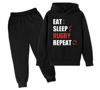 QJDFLL Winter Sweatshirt Letter Printed Hoodie Pants Children s Casual Two Piece Trend Football Fans Sports Rugby Player(Black,4-5 Years)