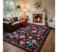 QJDTZMD Large Area Rugs 200 x 250 cm Non Slip Soft Short Pile Carpet Easy To Clean Rugs for Dining Room Bedroom Living Room modern retro flowers black pink blue