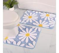 QJHOMO Bathroom Rug Set 2 Piece, Cute Daisy Bath Mat Blue Toilet Rug U Shaped, Flower Deocr Bathroom Set Non Slip Contour Bathmat, Super Absorbent Microfber Floor Mats Machine Washable Carpets