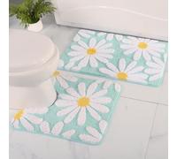 QJHOMO Bathroom Rugs Set 2 Piece, Cute Daisy Bath Mat Green Toilet Rug U Shaped, Flower Deocr Bathroom Set Non Slip Contour Bathmat, Super Absorbent Microfber Floor Mats Machine Washable Carpets