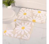 QJHOMO Bathroom Rugs Sets 2 Piece, Cute Daisy Bath Mat Beige Toilet Rug U Shaped, Flower Deocr Bathroom Set Non Slip Contour Bathmat, Super Absorbent Microfber Floor Mats Machine Washable Carpets