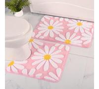 QJHOMO Bathroom Rugs Sets 2 Piece Cute Daisy Bath Mat Pink Toilet Rug U Shaped, Flower Deocr Bathroom Set Non Slip Contour Bathmat, Super Absorbent Microfber Floor Mats Machine Washable Carpets