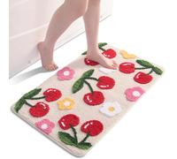 QJHOMO Beige Bath Mat Non Slip Bathroom Mats 50 x 80 cm, Cute Cherry Bathroom Accessories Flower Floor Mat, Thick Soft Microfiber Bathmat Machine Washable Bath Rug Absorbent Carpet for Bedroom