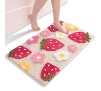 QJHOMO Beige Bath Mat Non Slip Bathroom Mats 50 x 80 cm, Cute Strawberry Bathroom Accessories Flower Floor Mat, Thick Soft Microfiber Bathmat Machine Washable Bath Rug Absorbent Carpet for Bedroom