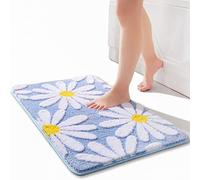 QJHOMO Blue Bath Mat White Flower Rug 50 x 80 cm, Non Slip Bath Mats for Bathroom, Soft Microfiber Bathroom Mat, Machine Washable Rug Durable Bathmat, Super Absorbent Floor Mat for Shower