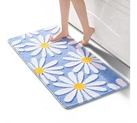QJHOMO Blue Bathroom Rug Cute Daisy Bath Mat Non-Slip Washable White and Yellow Flower Soft Microfibre Shower Absorbent 60 x 120 cm, (DEJHCX-blue-004)