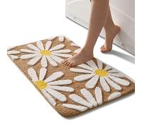 QJHOMO Brown Bathroom Rugs Cute Daisy Bath Mat White and Yellow Flower Decor Rug Non Slip Floor Carpet Microfiber Bathmat Super Absorbent Machine Washable Bathtub Mats for Shower (16x24 inch)