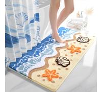 QJHOMO Coastal Bathroom Rugs Beach Ocean Wave Bath Mat Nautical Rug, Cute 3d Starfish Shell Beachy Theme Bathroom Decor Colorful Bath Rug, Soft Microfiber Carpet Non Slip Washable Bathmat (24x48 inch)