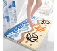 QJHOMO Coastal Bathroom Rugs Beach Ocean Wave Bath Mat Nautical Rug, Cute 3d Starfish Shell Beachy Theme Bathroom Decor Colorful Bath Rug, Soft Microfiber Carpet Non Slip Washable Bathmat (24x36 inch)