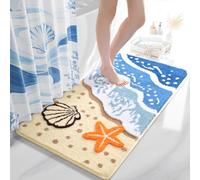 QJHOMO Coastal Bathroom Rugs Beach Ocean Wave Bath Mat Nautical Rug, Cute Colorful Bath Rug 3D Starfish Shell Beachy Theme Bathroom Decor, Soft Microfiber Carpet Non Slip Washable Bathmat(24x48 inch)