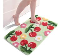 QJHOMO Green Bath Mat Non Slip Bathroom Mats 45 x 65 cm, Cute Cherry Bathroom Accessories Flower Floor Mat, Thick Soft Microfiber Bathmat Machine Washable Bath Rug Absorbent Carpet for Bedroom