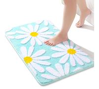 QJHOMO Green Bath Mat White Flower Rug 40 x 60 cm, Non Slip Bath Mats for Bathroom, Soft Microfiber Bathroom Mat, Machine Washable Rug Durable Bathmat, Super Absorbent Floor Mat for Shower