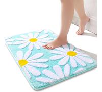 QJHOMO Green Bath Mat White Flower Rug 50 x 80 cm, Non Slip Bath Mats for Bathroom, Soft Microfiber Bathroom Mat, Machine Washable Rug Durable Bathmat, Super Absorbent Floor Mat for Shower