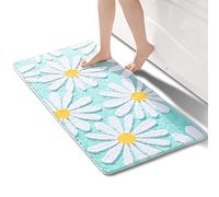QJHOMO Green Bathroom Rug - Cute Daisy Non-Slip Washable Bath Mat - White and Yellow Flower - Soft Microfibre Shower Mat - Absorbent - 60 x 120 cm (DEJHCX-green-004)