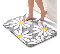 QJHOMO Grey Bathroom Rug - Cute Daisy Non-Slip Washable Bath Mat - White and Yellow Flower Soft Shower Mat - Absorbent - 60 x 90 cm