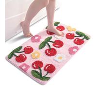 QJHOMO Pink Bath Mat Non Slip Bathroom Mats 45 x 65 cm, Cute Cherry Bathroom Accessories Flower Floor Mat, Thick Soft Microfiber Bathmat Machine Washable Bath Rug Absorbent Carpet for Bedroom