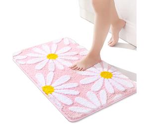 QJHOMO Pink Bath Mat White Flower Rug 40 x 60 cm, Non Slip Bath Mats for Bathroom, Soft Microfiber Bathroom Mat, Machine Washable Rug Durable Bathmat, Super Absorbent Floor Mat for Shower