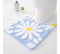 QJHOMO U Shaped Pedestal Mat, Blue Bath Mat, 20 x 24 Inches, Extra Thick, Soft, Non-Slip, Machine Washable, Bathroom Door Mat, Daisy Contour