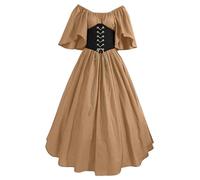 QJIRZB Women's Medieval Renaissance Dress with Corset - 18th Century Irish Peasant Style Overdress | Halloween Cosplay Costume (#04 Kahki, XL)