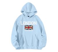QJIRZB Women's Union Jack Pullover Hoodie - London UK British Flag Graphic Sweatshirt, Letter Printed Streetwear, Custom Novelty Jumper Blouse, Plus Size Available (Sky Blue, S)