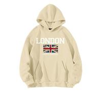 QJIRZB Women's Union Jack Pullover Hoodie - London UK British Flag Graphic Sweatshirt, Letter Printed Streetwear, Custom Novelty Jumper Blouse, Plus Size Available (#01 Khaki, 3XL)