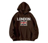 QJIRZB Women's Union Jack Pullover Hoodie - London UK British Flag Graphic Sweatshirt, Letter Printed Streetwear, Custom Novelty Jumper Blouse, Plus Size Available (Coffee, XXL)