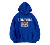 QJIRZB Women's Union Jack Pullover Hoodie - London UK British Flag Graphic Sweatshirt, Letter Printed Streetwear, Custom Novelty Jumper Blouse, Plus Size Available (Blue, L)
