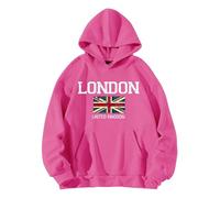 QJIRZB Women's Union Jack Pullover Hoodie - London UK British Flag Graphic Sweatshirt, Letter Printed Streetwear, Custom Novelty Jumper Blouse, Plus Size Available (Hot Pink, XXL)