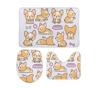Qjjinxior Bathroom Mat Sets 3 Piece, Funny Corgi Bath Mat And Toilet Mat Set, Non-Slip Toilet Mat for Bathroom, Toilet