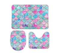 Qjjinxior Bathroom Mat Sets 3 Piece, Rainbow Watercolor Scales of Mermaid Bath Mat And Toilet Mat Set, Non-Slip Toilet Mat for Bathroom, Toilet
