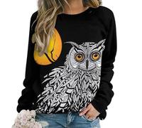 Qjjinxior Casual Ladies Jumper, Black Owl Sweatshirts for Women, Crewneck Long Sleeve Top