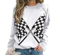 Qjjinxior Casual Ladies Jumper, Checkered Flags Race Flag Sweatshirts for Women, Crewneck Long Sleeve Top