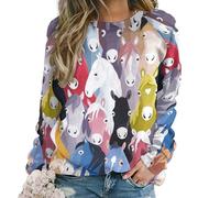 Qjjinxior Casual Ladies Jumper, Colourful Cartoon Horses Sweatshirts for Women, Crewneck Long Sleeve Top