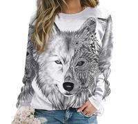 Qjjinxior Casual Ladies Jumper, Gray Wolf Sweatshirts for Women, Crewneck Long Sleeve Top