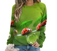Qjjinxior Casual Ladies Jumper, Ladybug Ladybird Green Landscape Sweatshirts for Women, Crewneck Long Sleeve Top