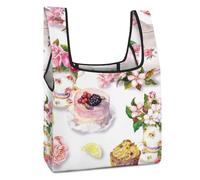 Qjjinxior Foldable Shopping Bag, Cake And Teapot Floral Reusable Grocery Bag, Washable Tote Bag for Daily Use Travel Bags