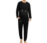 Qjjinxior Men's Crew Neck Pyjamas Set, Black Cat Pyjamas for Men, Men's Pajamas with Pockets