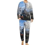 Qjjinxior Men's Crew Neck Pyjamas Set, Railway Steam Train Pyjamas for Men, Men's Pajamas with Pockets