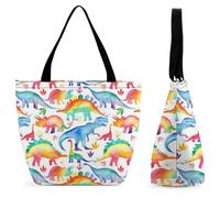 Qjjinxior Tote Bag with Zip, Rainbow Dinosaur Beach Bag, Large Shoulder Bag for Daily, Travel