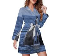 Qjjinxior Women Nightwear, Killer Whales Orca Kimono Robe, V-Neck Long Sleeve Sleepwear