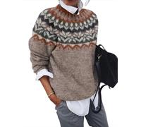 QJK Fair Isle Sweater Retro Nordic Cable Crewneck Sweater Knit Vintage Sweater, Lightgray, Medium