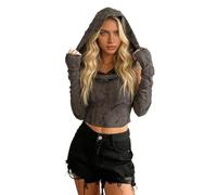 QJK Hooded Off Shoulder Gothic Bodycon Top with Sleeve, Grey, S