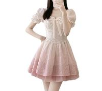 QJK Puff Sleeve Dress Bow Tie Lace Trim Pleaded Dress Kawaii Dress Fairy Dress Cute Dress for Women Lolita Dress, Pink, L