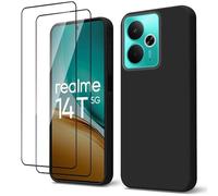 QJONSIU Case Compatible with Realme 14T, Airbag Protection, Ultra-thin Soft TPU Cover with 2 Pack Tempered Glass Screen Protector-Black