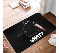 QJQLOUKR Black Cat WHAT Murderous Cat Holding Knife Dark Non slip Doormat Floor Mat Kitchen Entrance Home Bathroom Footpad
