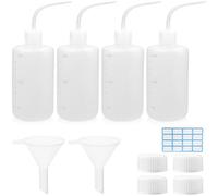 qjuwhua 4 Pcs Squeeze Bottle 250ml Safety Wash Bottle Plastic Tattoo Bottles with Scale 4 Screw Caps Nozzle Labels Funnel for Lab Plant DIY Squirt Water Condiment Airbrush Cleaner Detergent